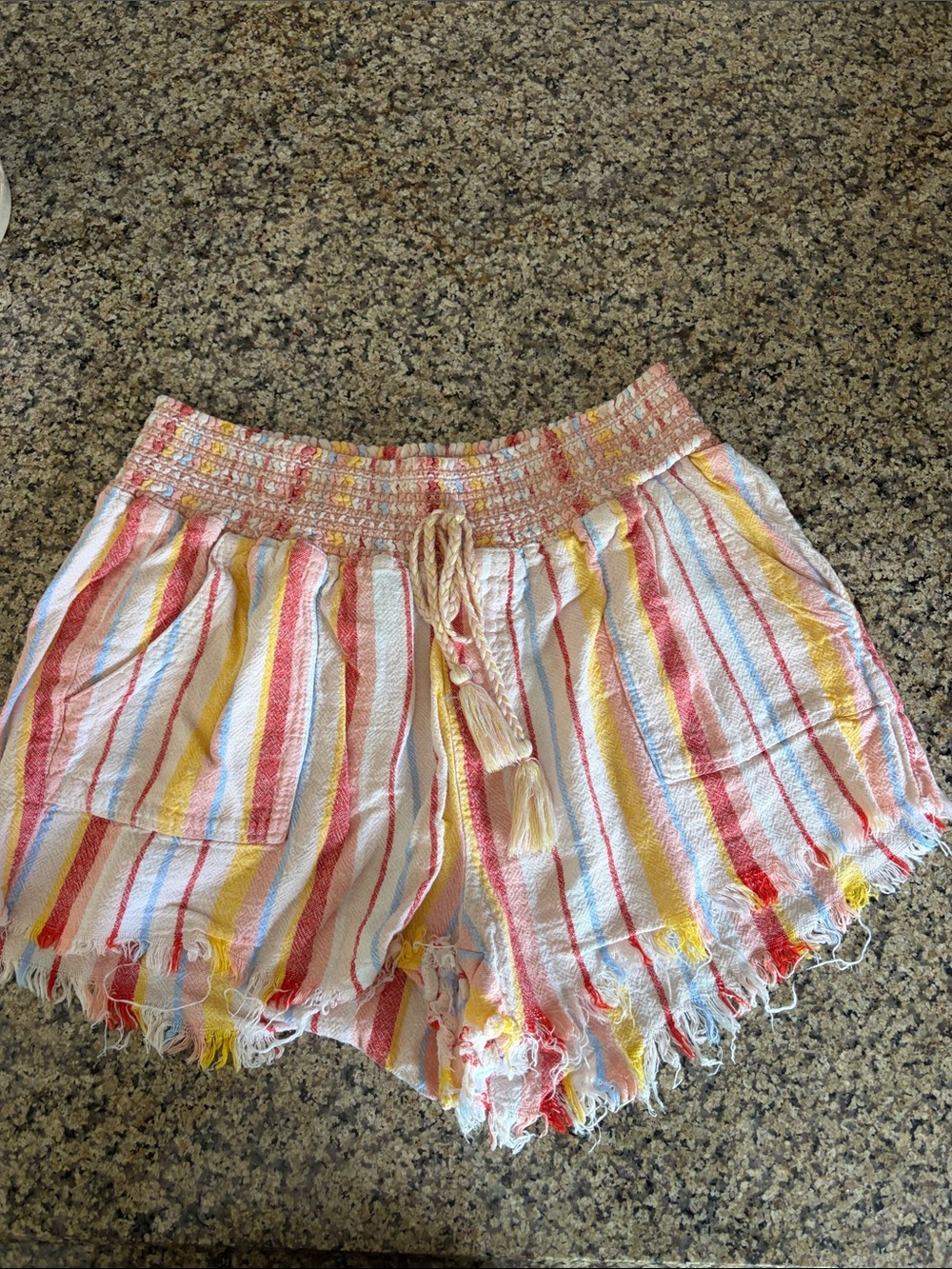 Rewash White Striped High-Waist Tassel Shorts